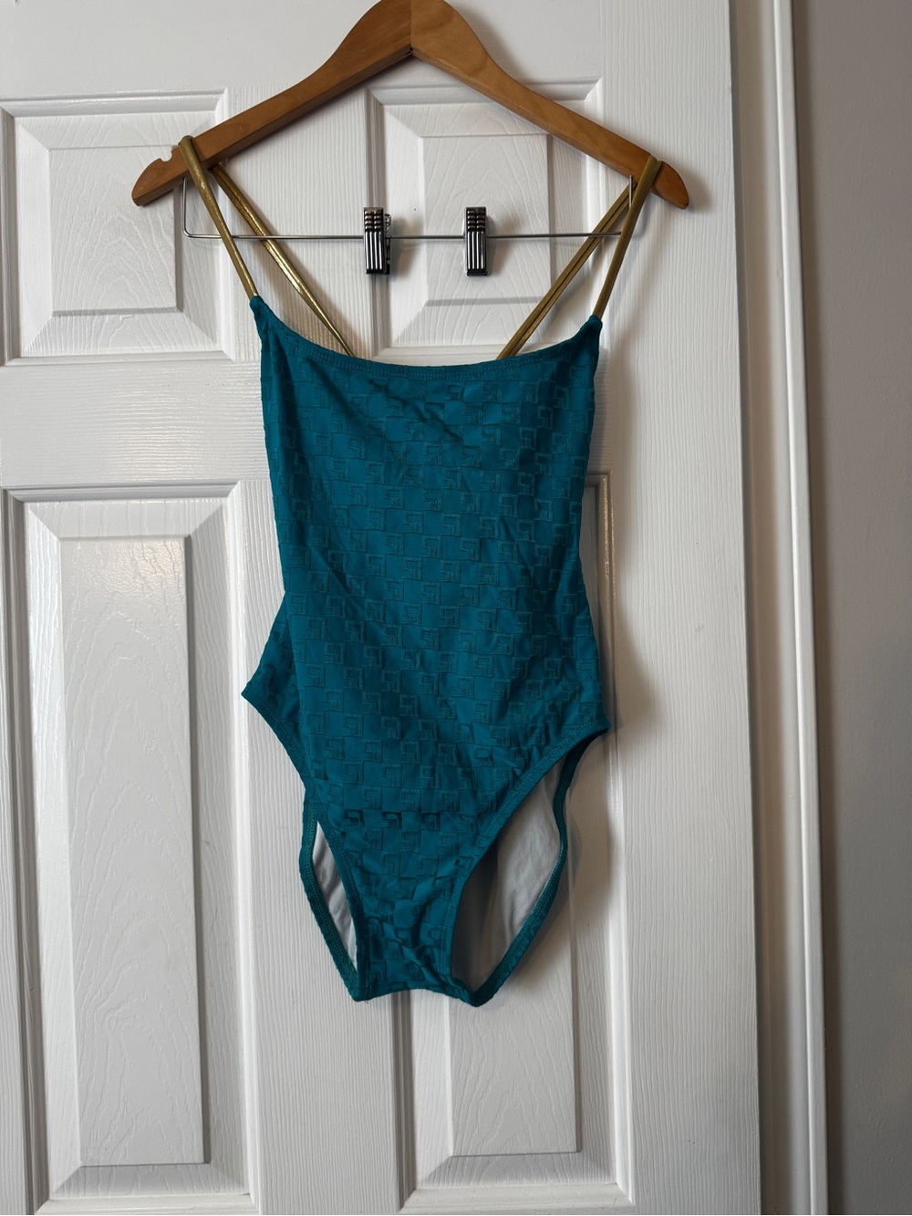 St. John Swim Monogram Logo Teal One-Piece Swimsuit Gold Straps | Women's Size 6